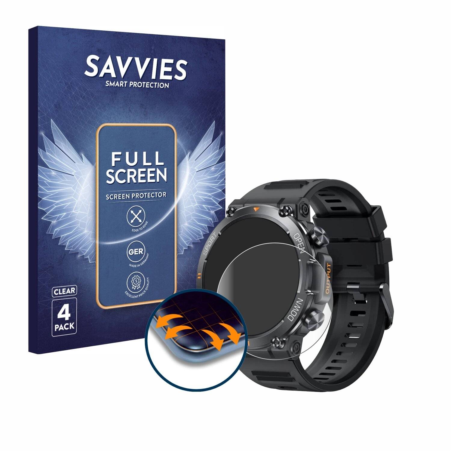 4x Savvies Full-Screen Folie für Akkee Smartwatch