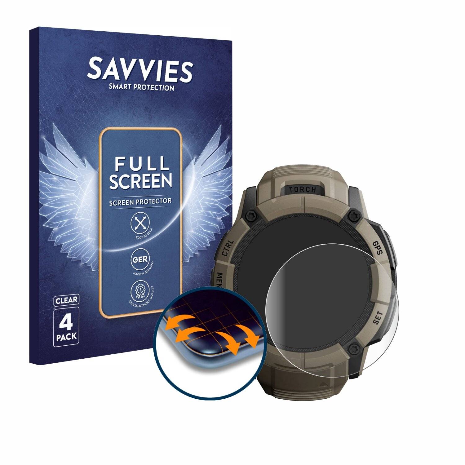 4x Savvies Full-Screen Folie für Garmin Instinct 2X Solar Tactical