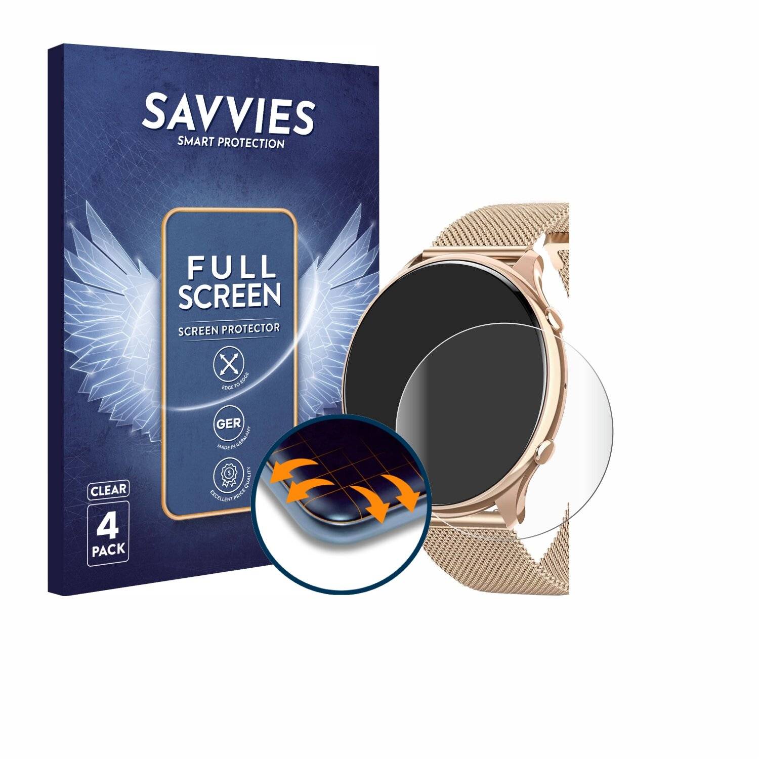 4x Savvies Full-Screen Folie für Fitonme Smartwatch