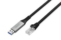 USB-Kabel mit einem Standard-USB-A-Stecker an einem Ende und einem Ethernet-ähnlichen RJ45-Stecker am anderen Ende.