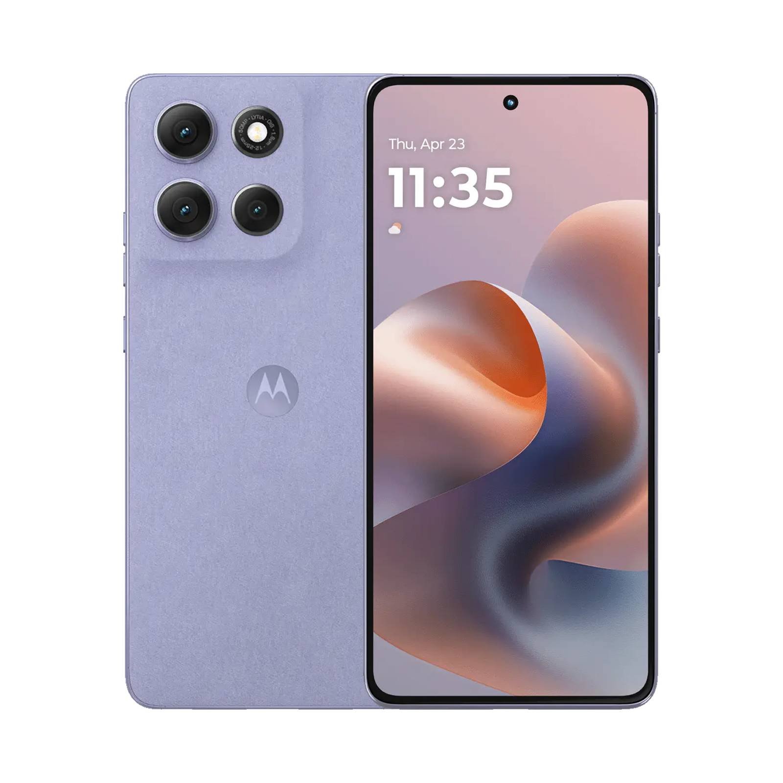 Lavender Motorola-Smartphone von vorne und hinten gezeigt, mit einer vierfachen Rückkamera und einem Sperrbildschirm mit der Anzeige „Do, 23. Apr
