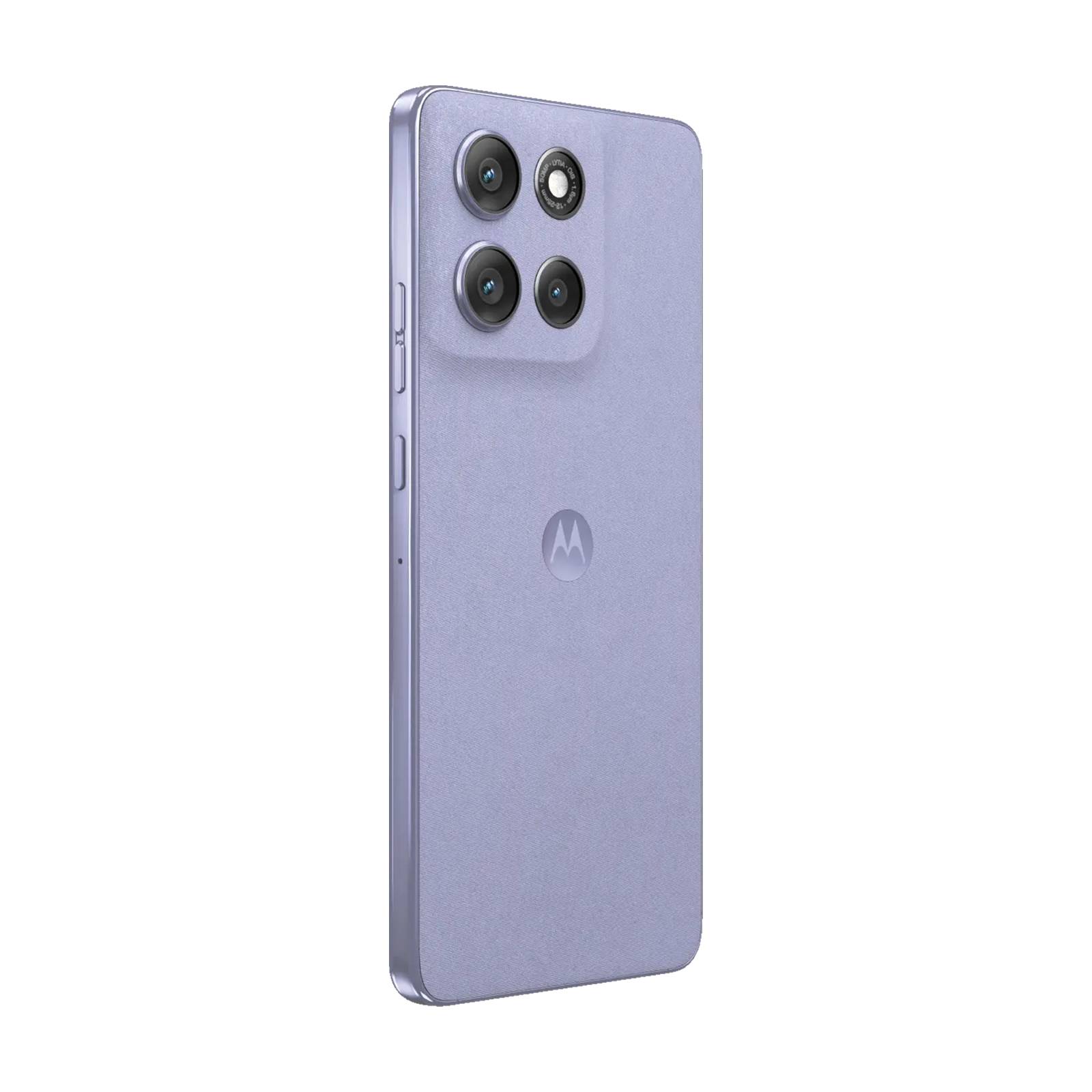 Lavendelfarbenes Motorola-Smartphone von hinten gezeigt, mit quadratischem Kameramodul mit vier Linsen und zentriertem Motorola-Logo.