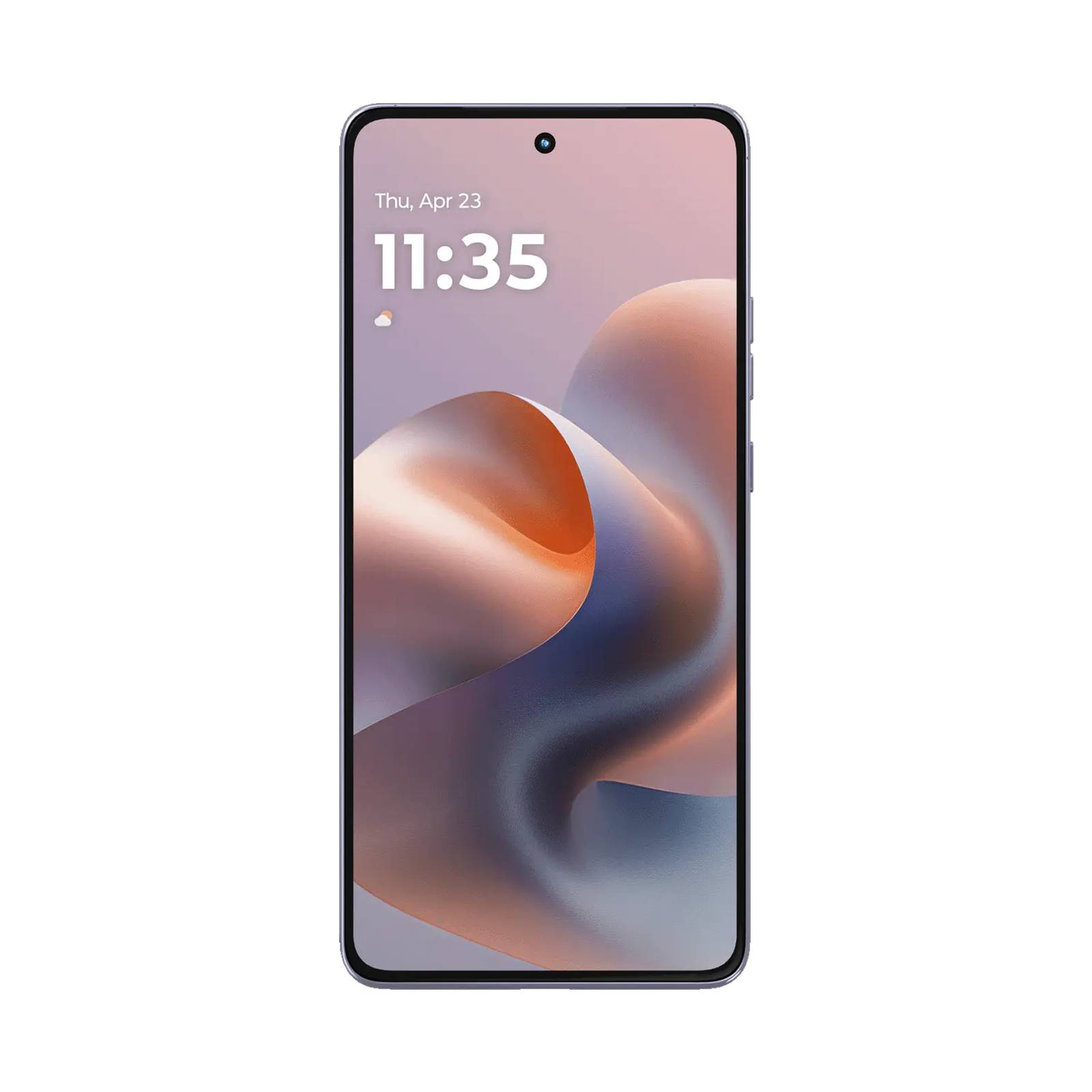 Vorderansicht eines Smartphones, das eine pastellfarbene abstrakte Tapete anzeigt und die Sperrbildschirmzeit 11:35 mit dem Datum Do, 23. Apr. zeigt.
