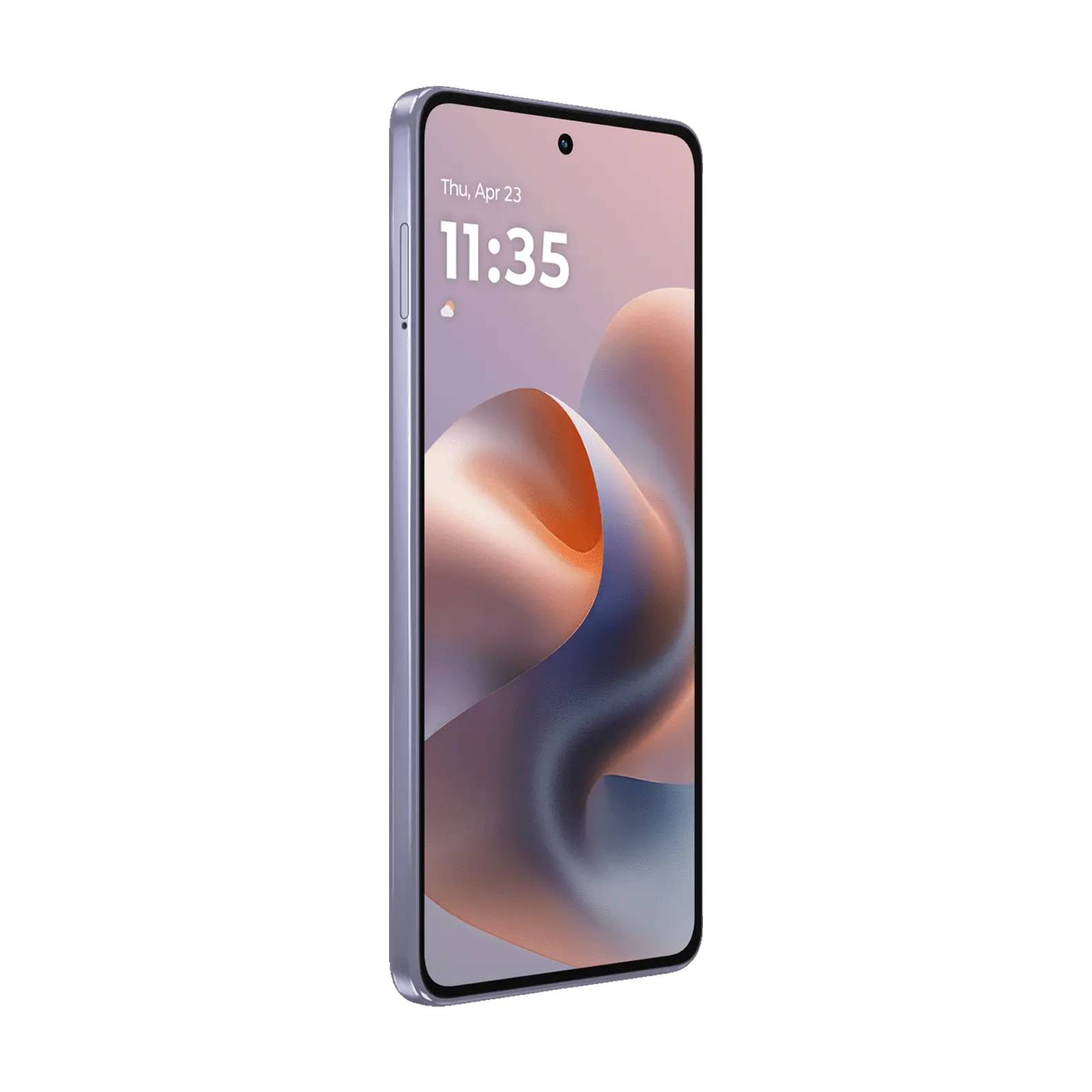 Ein Smartphone, das in einem Winkel auf schwarzem Hintergrund gezeigt wird, mit einer Pastell-abstrakten Tapete und der Sperrbildschirm-Zeit 11:35, Do., 23. Apr.