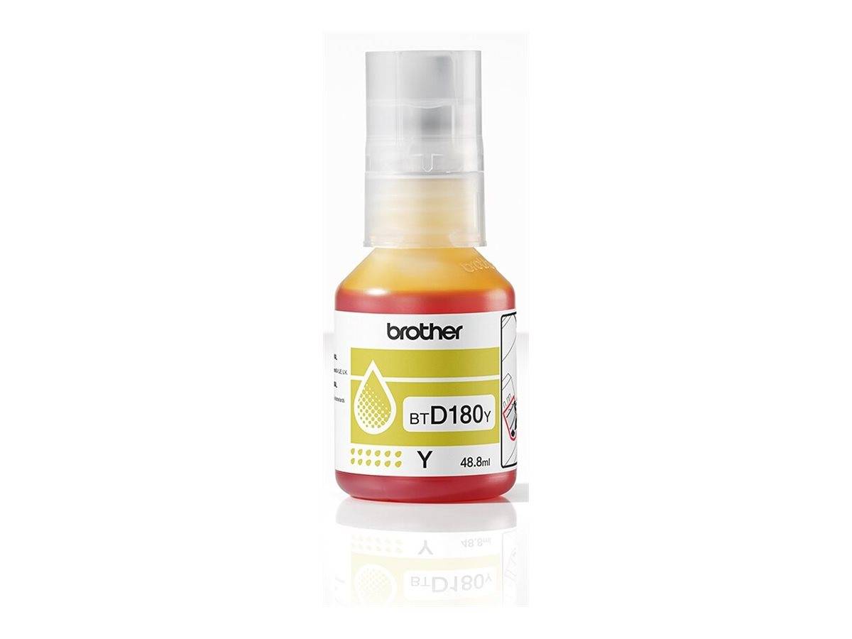 Eine Brother BTD180Y Gelbe Tintenflasche mit transparentem Deckel, beschriftet mit „Y