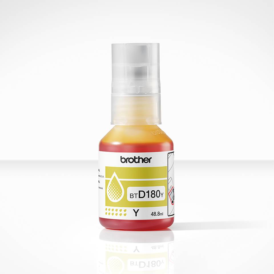 Brother BTD180Y Gelbtintenflasche, 48,8 ml, auf weißem Hintergrund abgebildet.