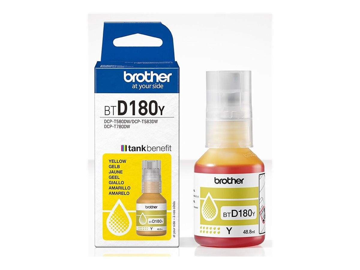 Brother BTD180Y gelbe Tintenflascbe mit Originalverpackung, 48,8 ml, Vorderansicht auf weißem Hintergrund