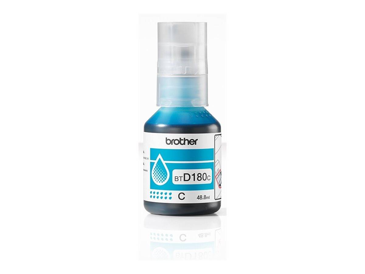 Eine Flasche Brother Cyan-Druckertinte mit der Bezeichnung „BTD180C