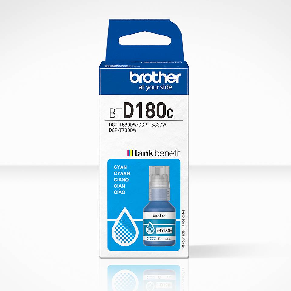 Brother BTD180C Cyan-Tintenflasche Verpackung für kompatible DCP-T580DW, DCP-T583DW und DCP-T780DW Drucker.