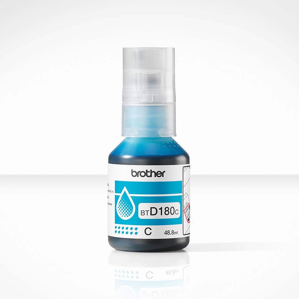 Brother BTD180C Cyan-Tintenflasche mit transparentem Deckel, gekennzeichnet mit 48,8 ml, auf weißem Hintergrund dargestellt.