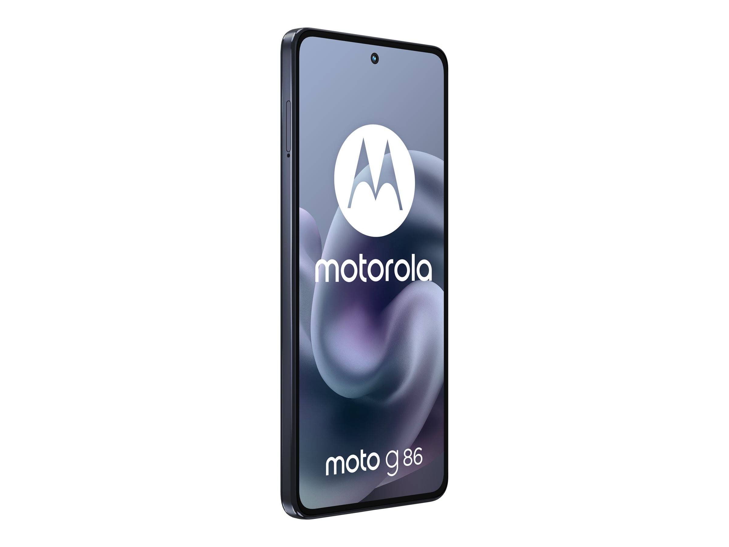 Motorola Moto G 86 Smartphone in Vorderansicht auf weißem Hintergrund, zeigt das Motorola-Logo und den Modellnamen auf dem Bildschirm.