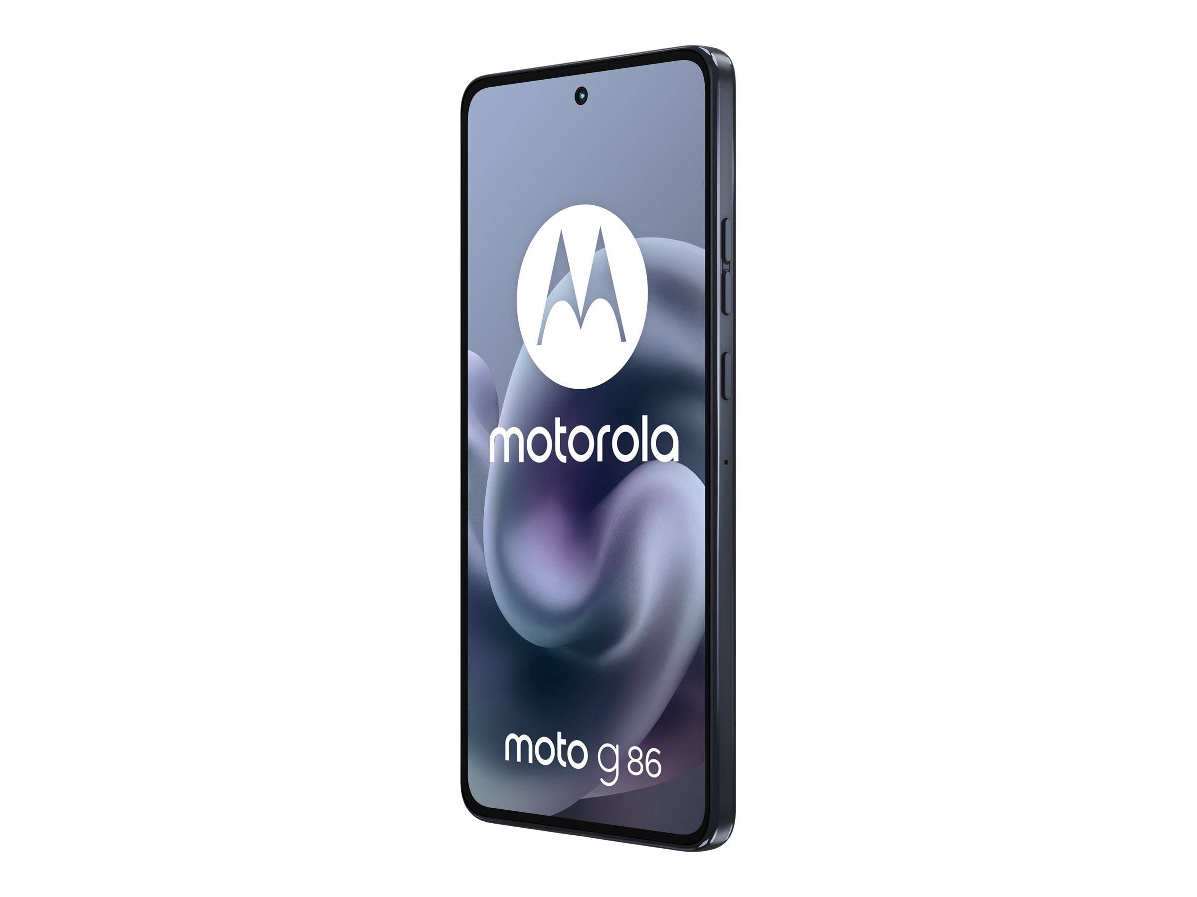 Motorola Moto G86 Smartphone von vorne gezeigt mit eingeschaltetem Display, das das Motorola-Logo und den Text "moto g86"" auf einem dunklen abstrakten Hintergrund zeigt.
