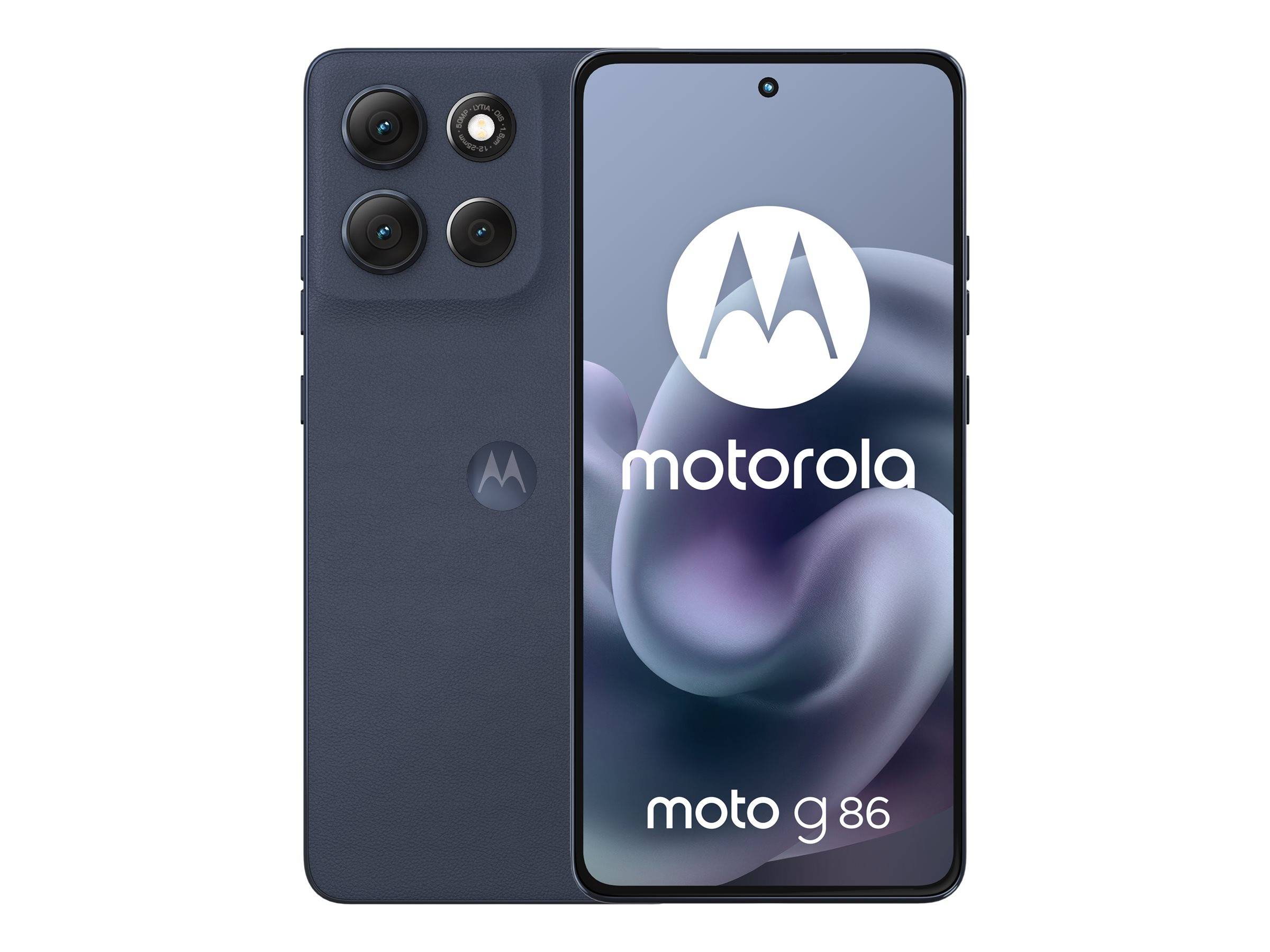 Front- und Rückansicht eines Motorola Moto G86 Smartphones in Dunkelblau, das die dreifache Rückkamera und den Bildschirm mit Motorola-Logo und "moto g86""-Text zeigt.