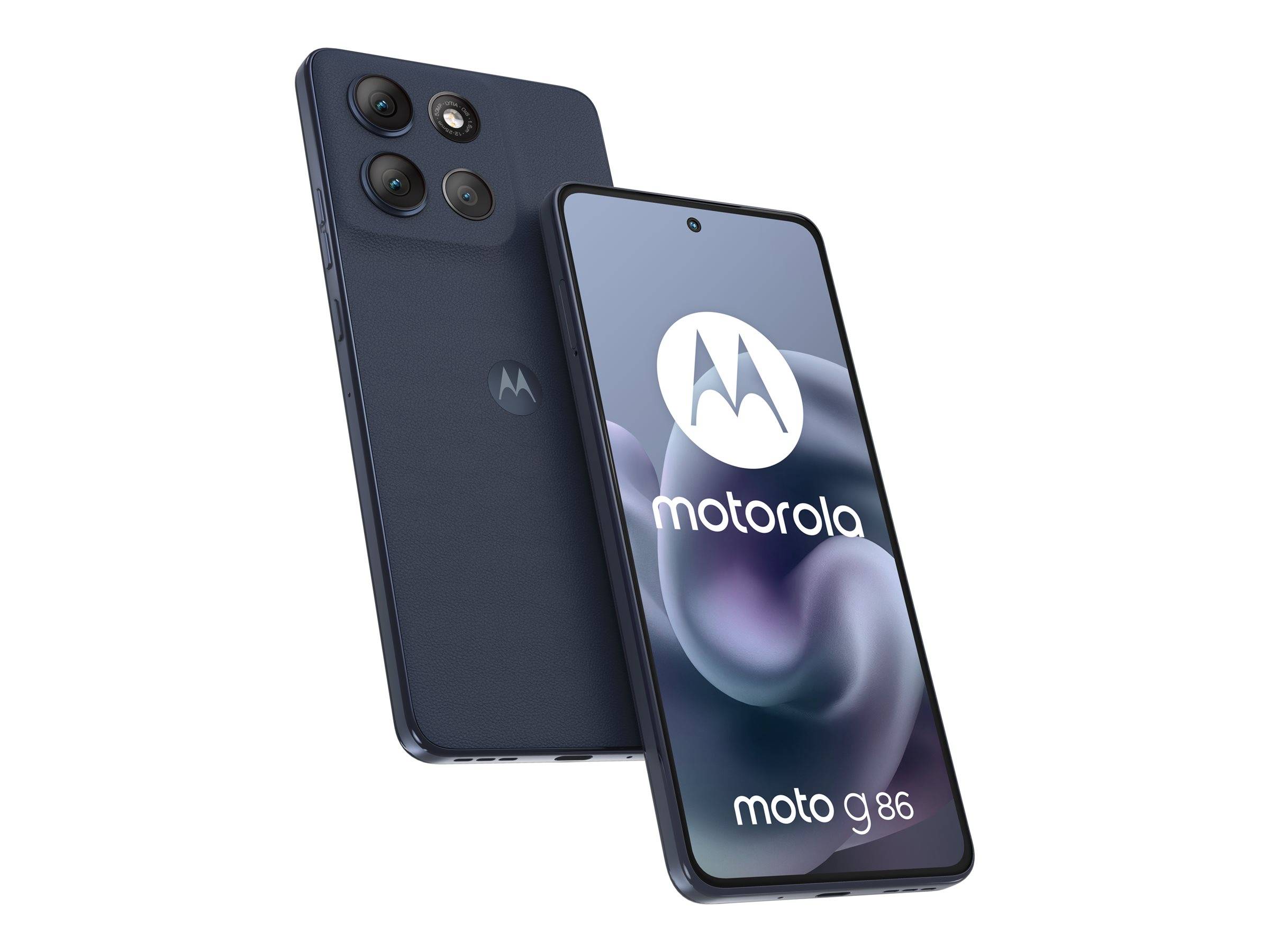 Zwei Motorola Moto G86 Smartphones von vorne und hinten gezeigt, die das dunkelblau Designund die dreifache Rückkamera hervorheben.