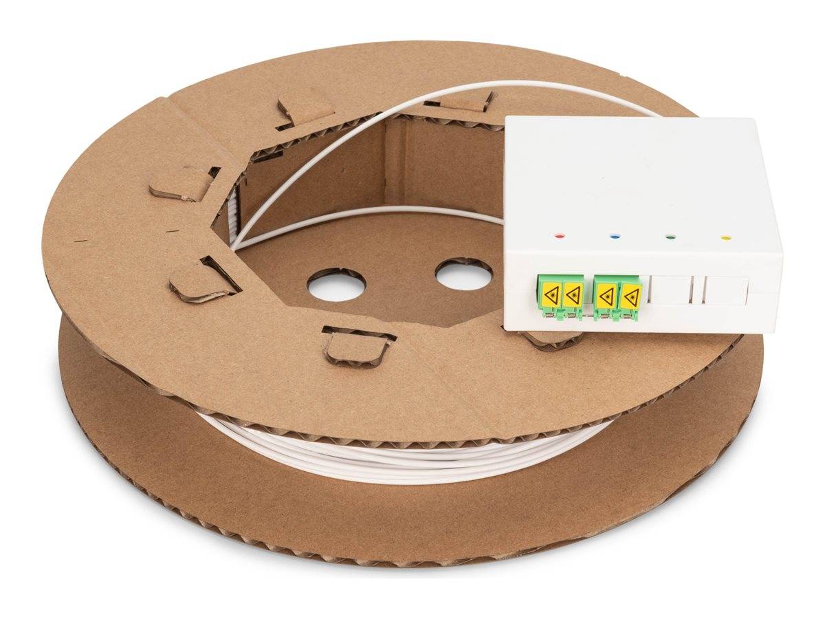 Spule mit weißem Lichtwellenleiterkabel mit einer kleinen weißen Anschlussdose und Steckverbindungsanschlüssen auf einer Papierspule.