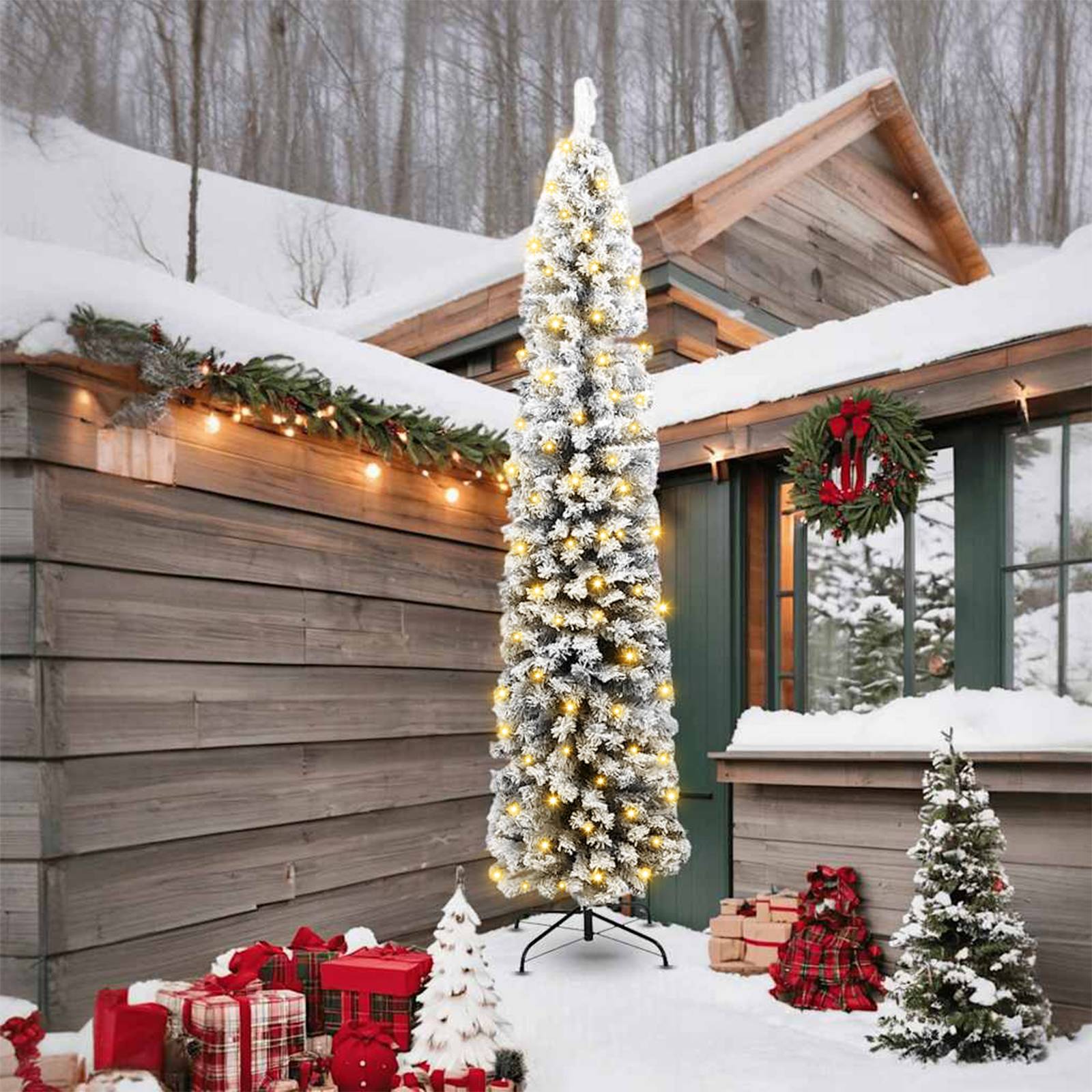 vidaXL Schlanker Weihnachtsbaum mit 300 LEDs und Flockschnee grün 240 cm