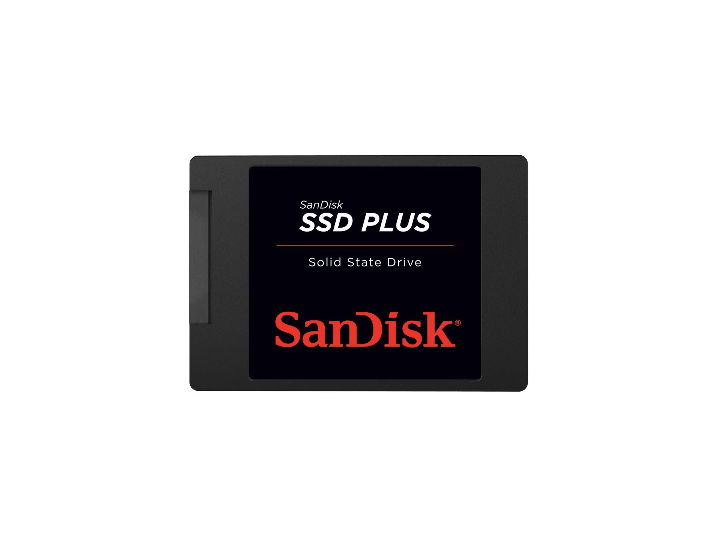 SanDisk SSD Plus Solid-State-Laufwerk auf einem schwarzen Laufwerk-Etikett dargestellt.