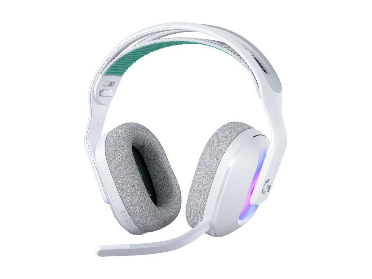 Weißes Over-Ear-Gaming-Headset mit Boom-Mikrofon und leuchtenden Ohrmuschel-Akzenten auf einfachem Hintergrund.