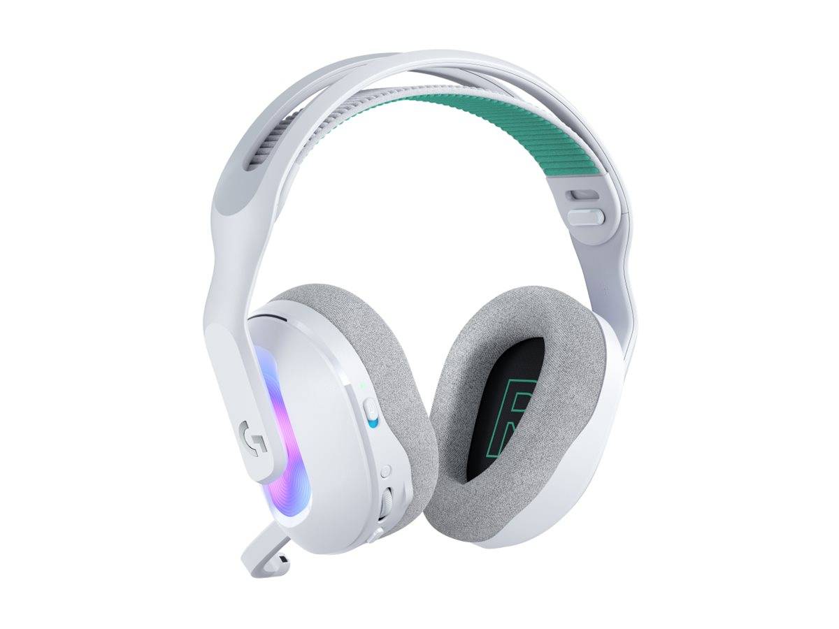 Weißes Over-Ear-Gaming-Headset mit gepolsterten grauen Ohrmuscheln, leuchtender RGB-Akzent auf der linken Seite und Boom-Mikrofon