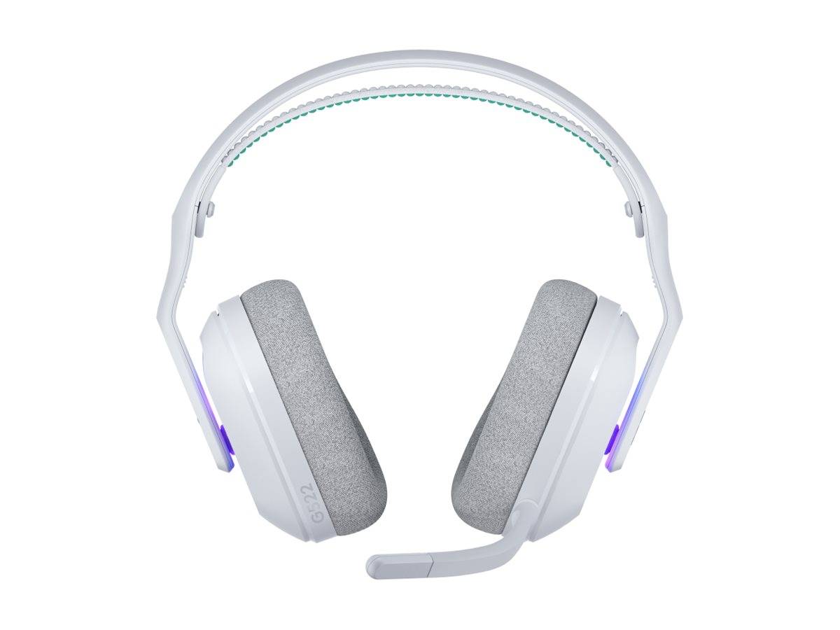 Weißes Over-Ear-Gaming-Headset mit Boom-Mikrofon und gepolstertem Kopfbügel, Frontansicht auf einfachem Hintergrund.