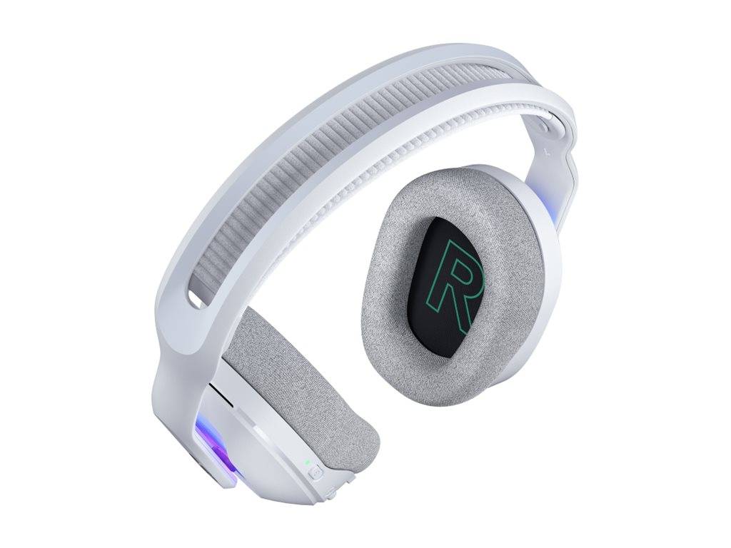 Weißes kabelloses Over-Ear-Headset mit gepolsterten Ohrmuscheln, leuchtender Akzentbeleuchtung und großem 