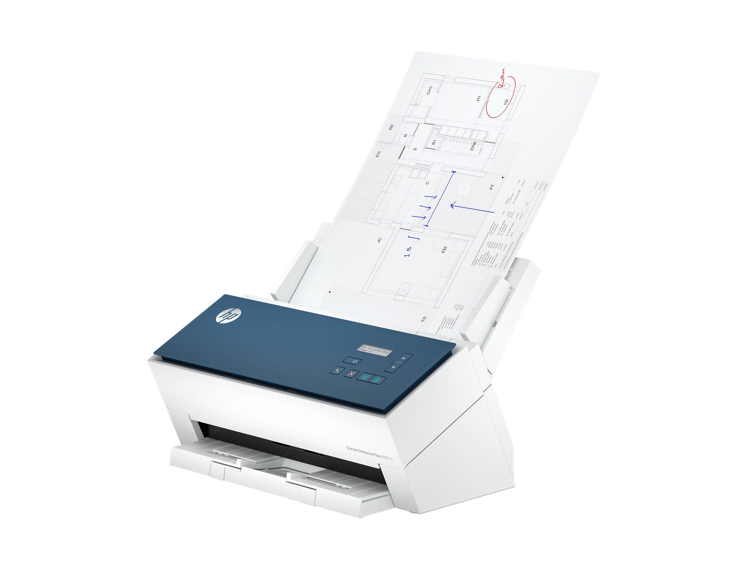 Ein Desktopscanner scannt gerade einen Bauplan aktiv. Der Scanner verfügt über ein Bedienfeld mit mehreren Tasten und einem kleinen digitalen Display auf der Oberseite.