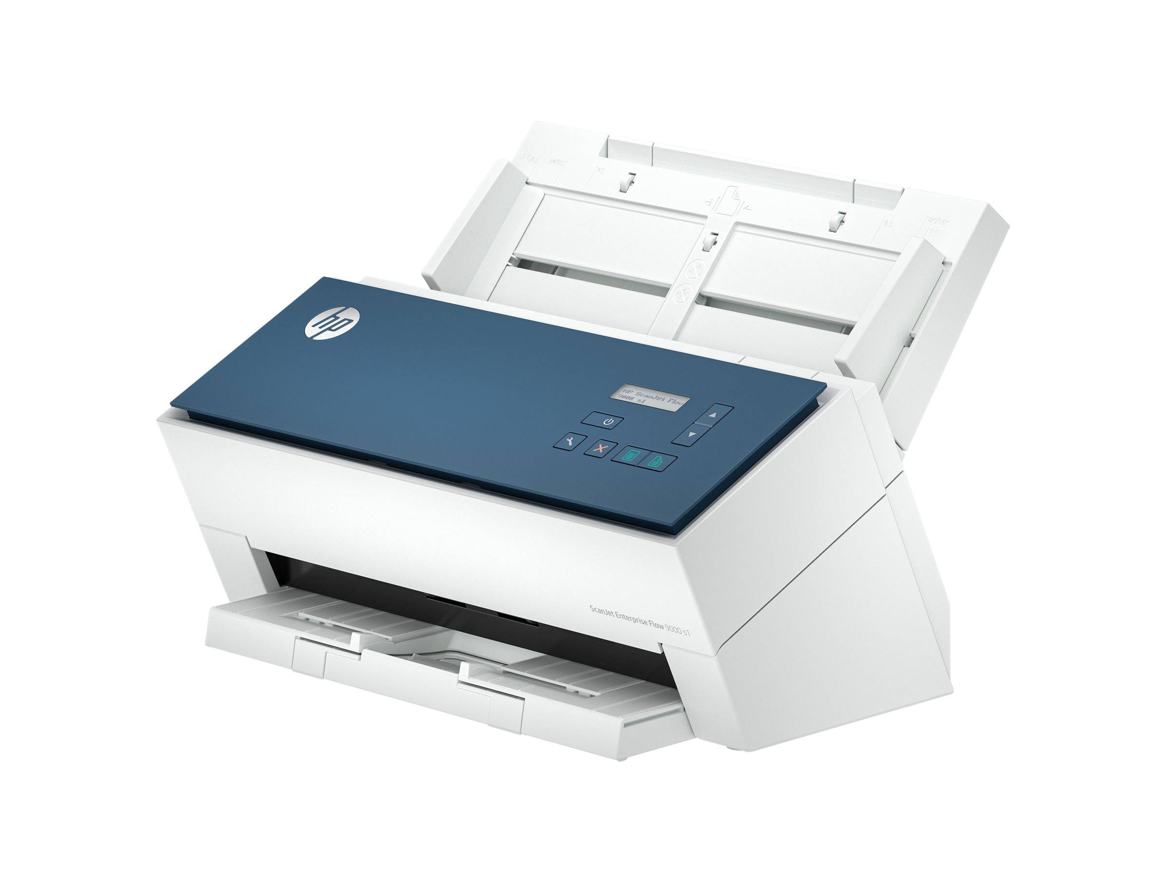 Ein weißer Scanner mit blauem Bedienfeld, offenem Dokumenteneinzug und Ausgabefach darunter. Entwickelt für effizientes Dokumentenscannen.