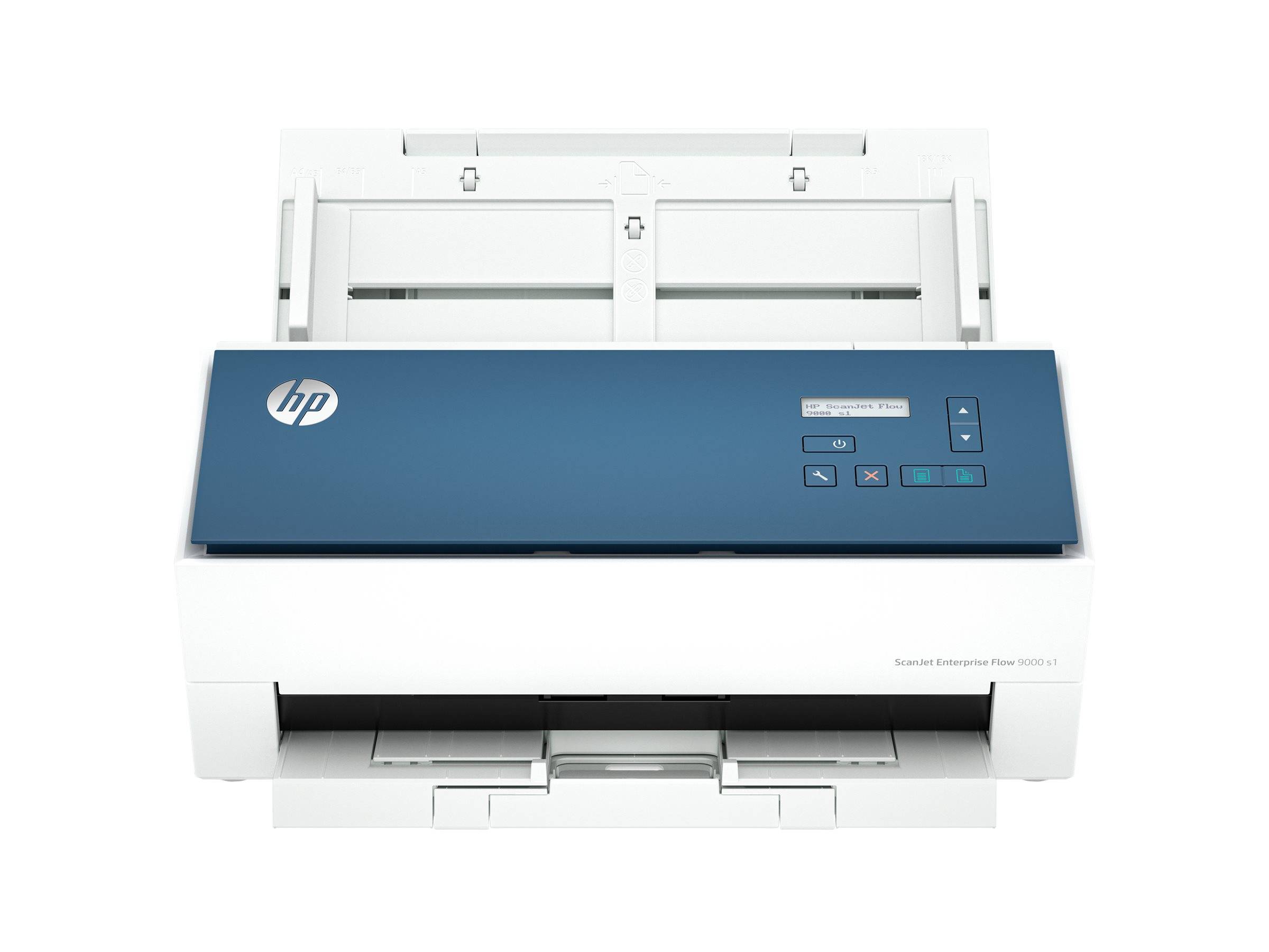 HP-Scanner mit Bedienelementen und Statusanzeige, der den Dokumenteneinzug an der Oberseite präsentiert. Blaues Panel mit HP-Logo.