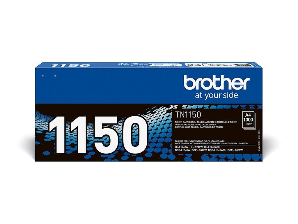 Brother TN1150 Tonerkartusche, Verpackung in Blau und Schwarz mit weißem Text. Die '1150' ist prominent dargestellt. Geeignet für verschiedene Brother-Drucker.