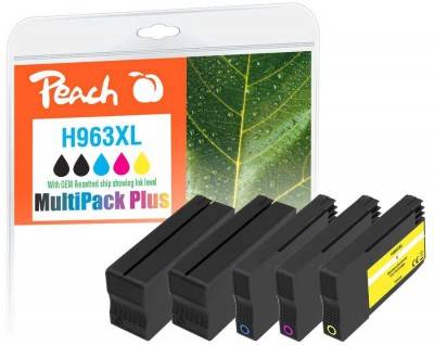 Peach H963XL MultiPack Plus Tintenpatronenpakete mit vier schwarzen Patronen in Cyan-, Magenta-, Gelb- und Schwarzfarbcodierungsetiketten.