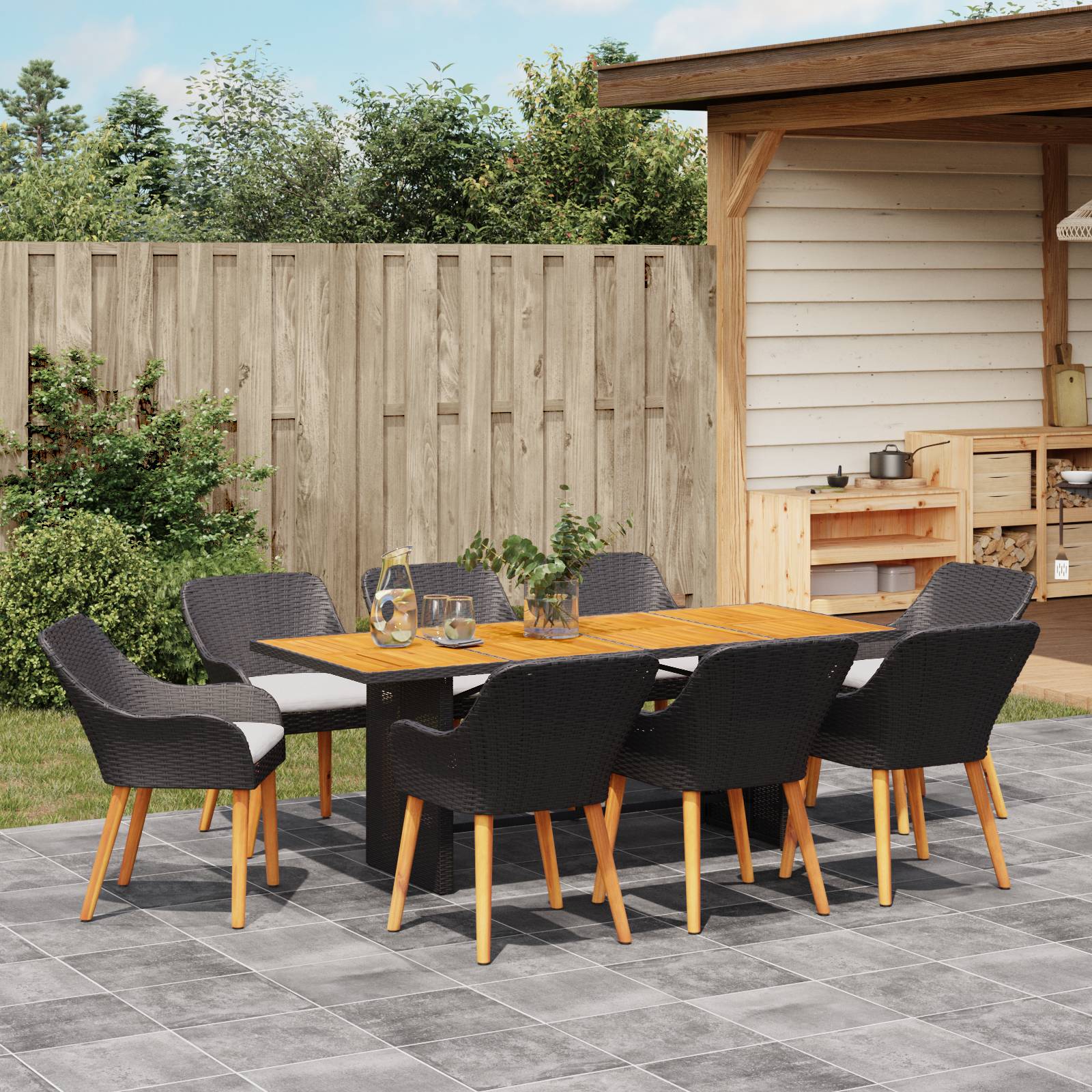 vidaXL 9-teiliges Garten Esstisch Set Schwarzes Poly Rattan