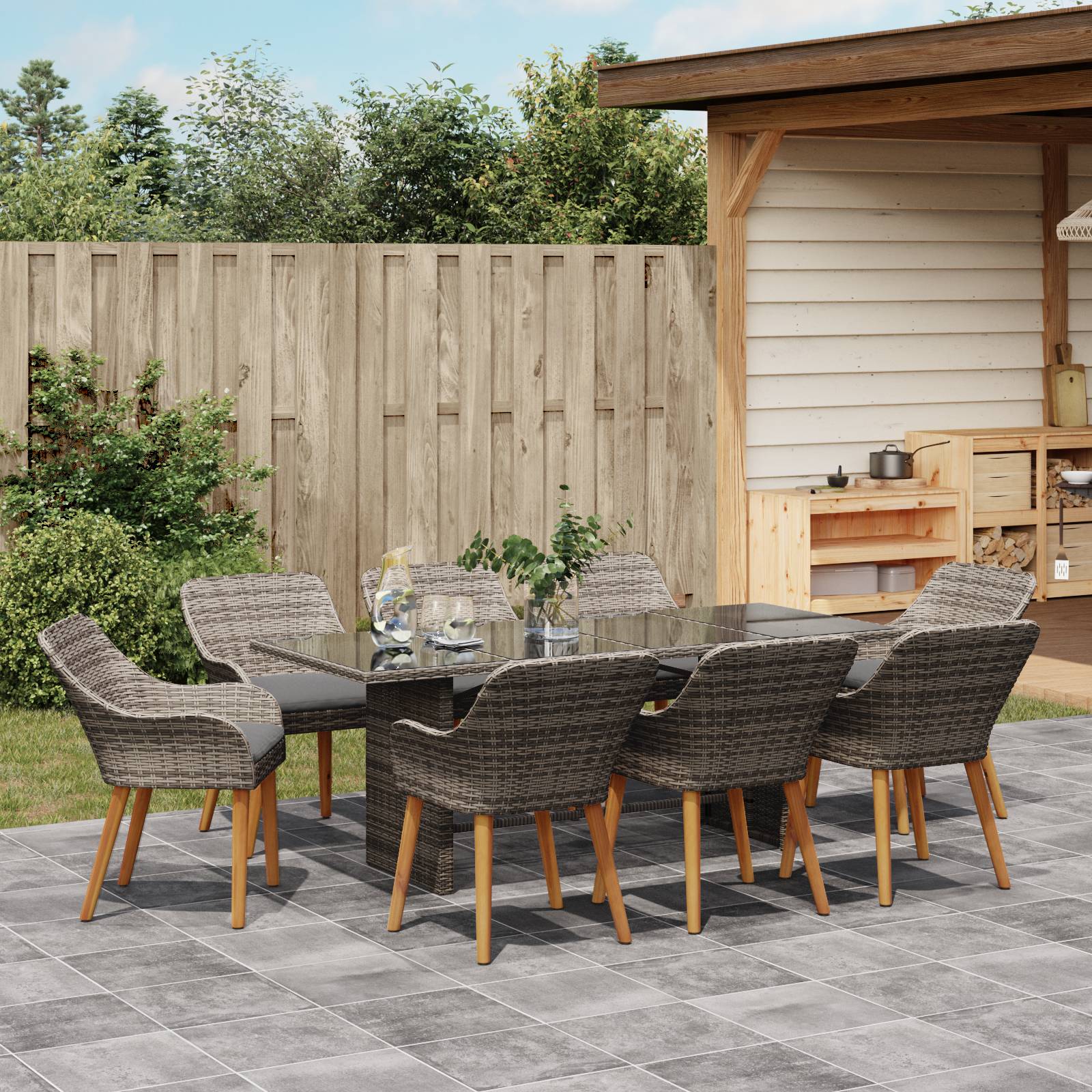 vidaXL 9-teilige Garten Essgruppe Graues Poly-Rattan
