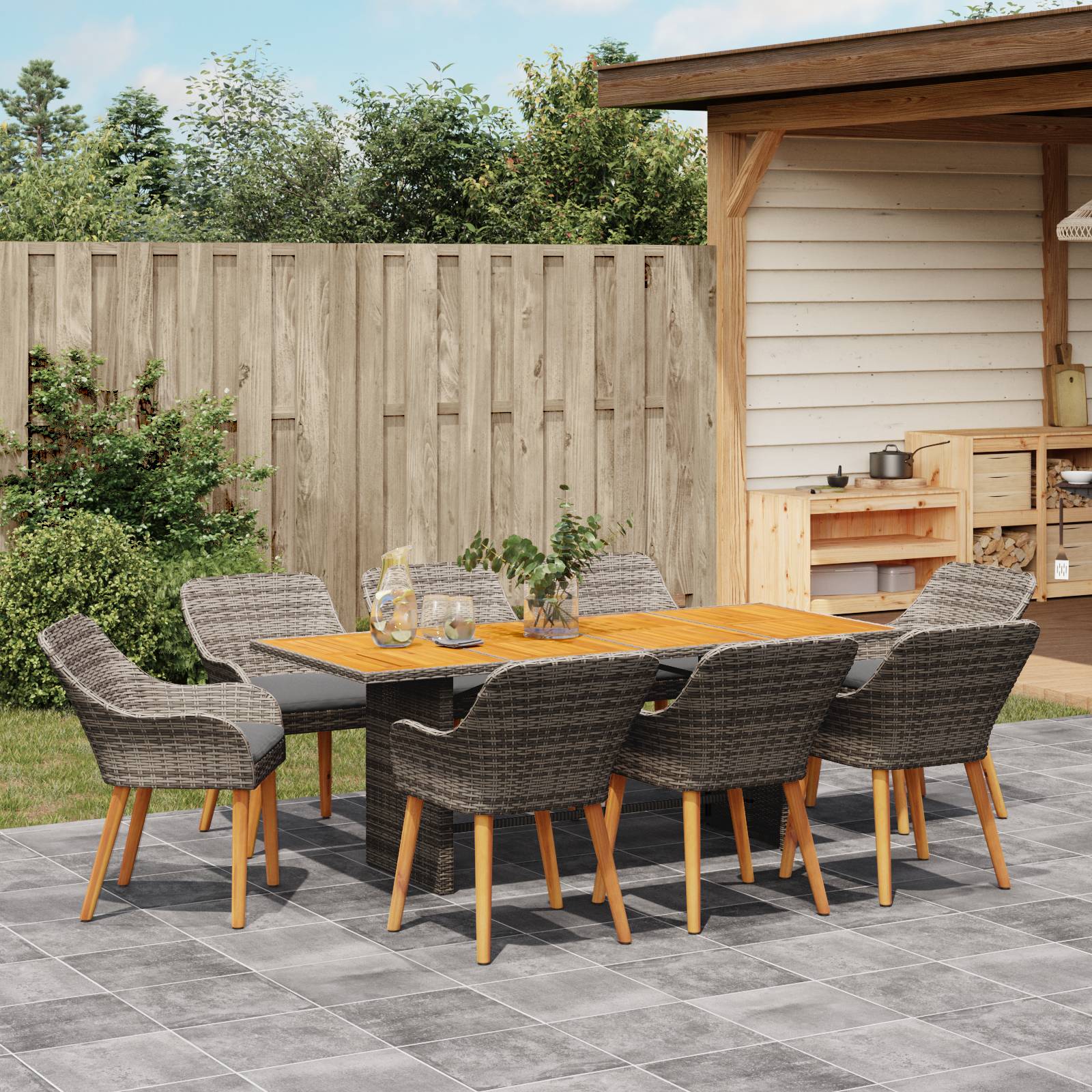 vidaXL 9-teilige Garten Essgruppe Grau Poly Rattan