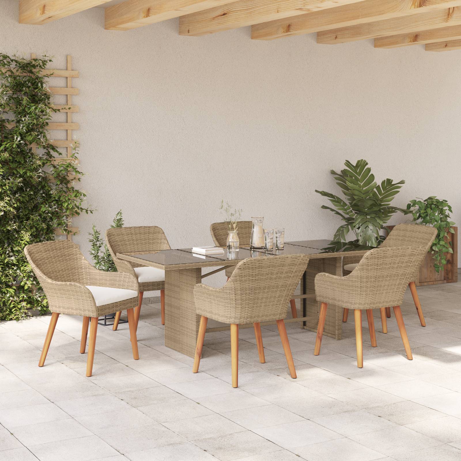 vidaXL 7-teiliges Garten Essgruppen-Set Beiger Poly Rattan