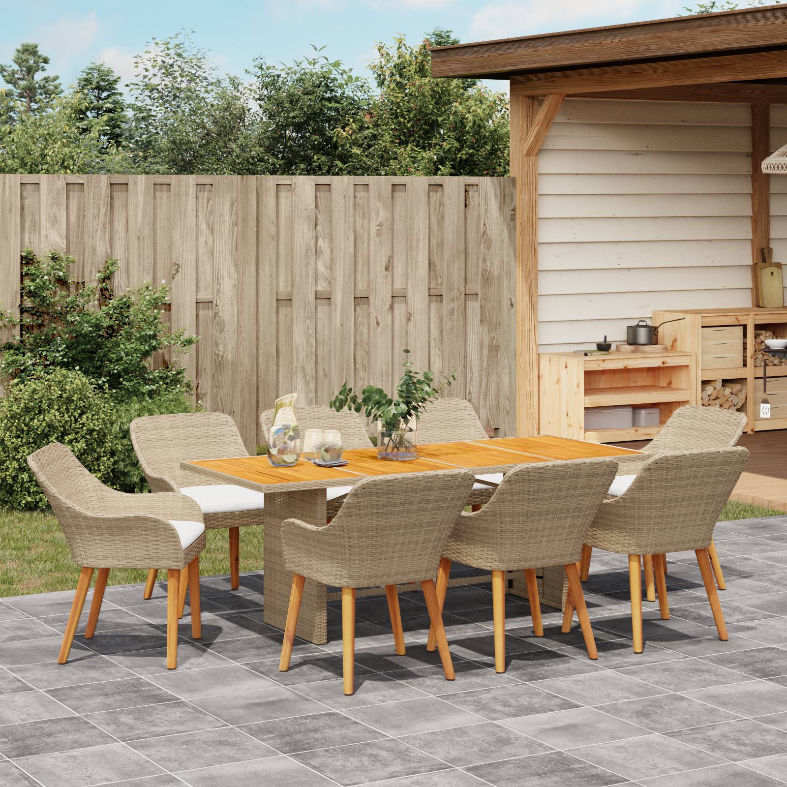 vidaXL 9 teiliges Garten Esstisch Set Beige Poly Rattan