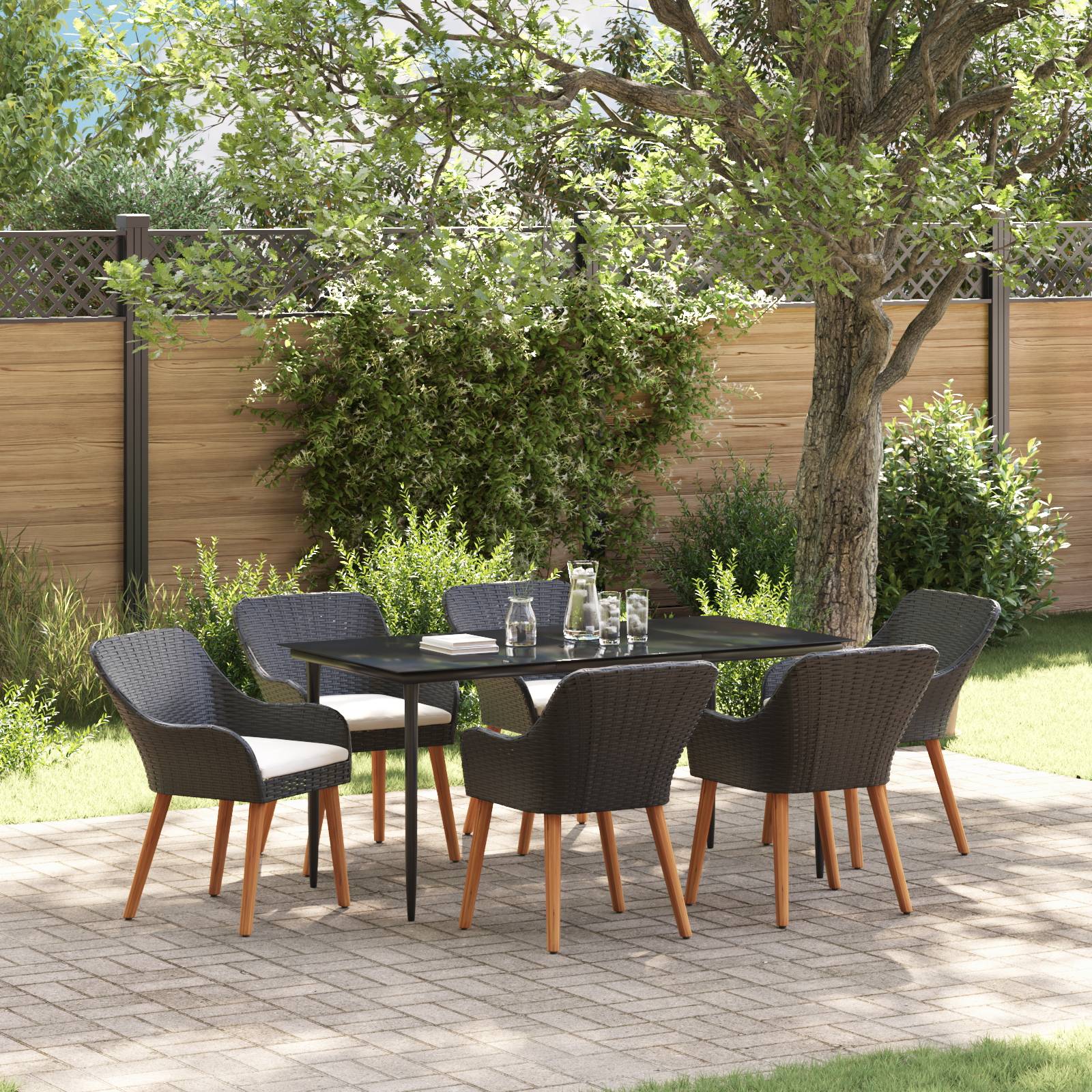 vidaXL 7-teiliges Garten-Essset Schwarz Poly-Rattan