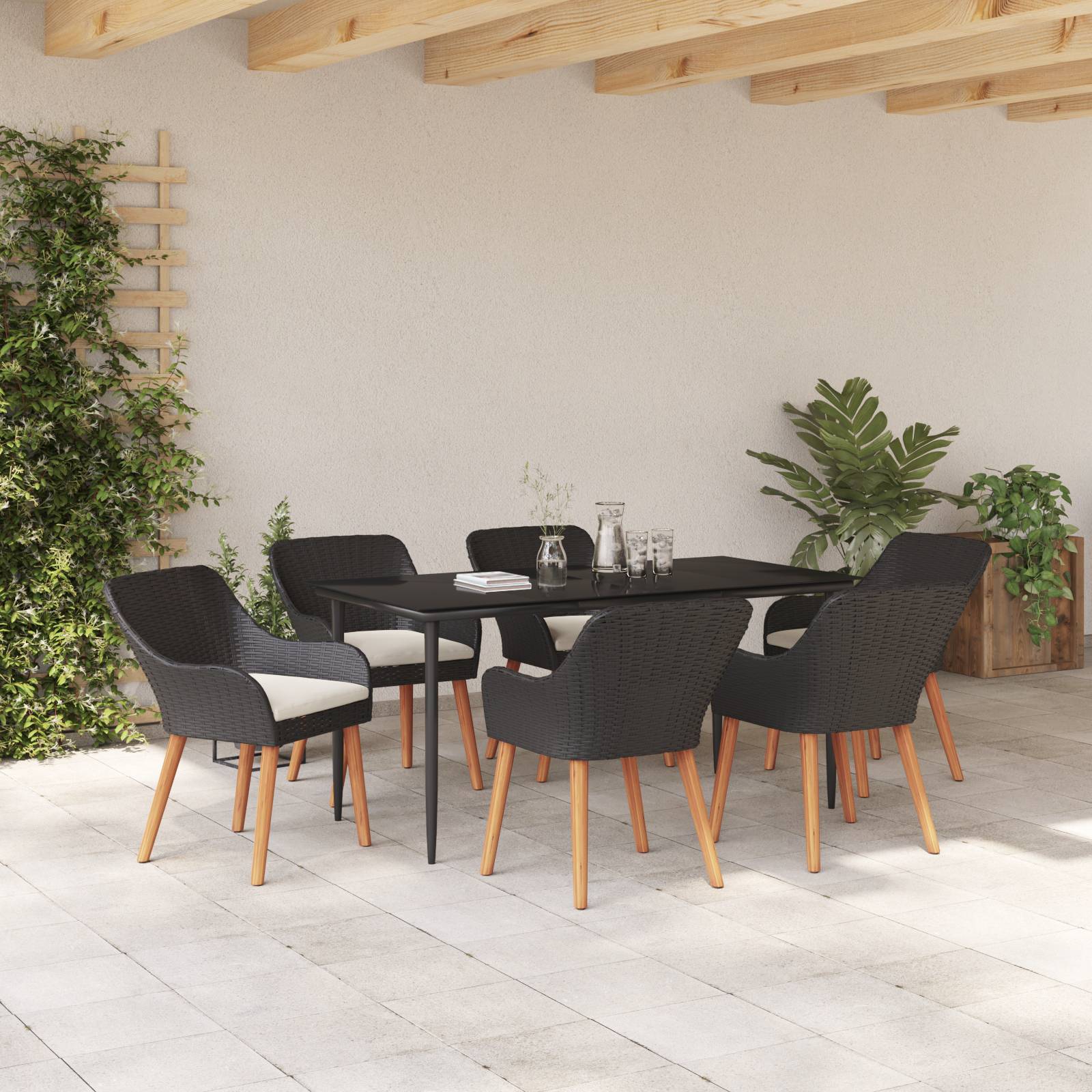 vidaXL 7-teiliges Garten-Essset Schwarz Poly-Rattan