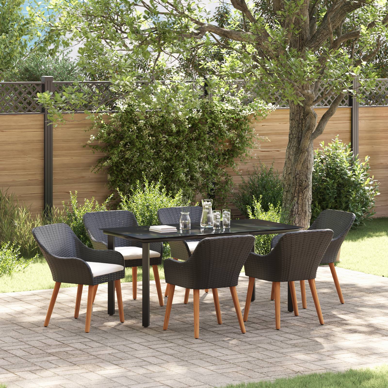 vidaXL 7-teiliges Garten Esstisch Set Schwarzes Poly Rattan