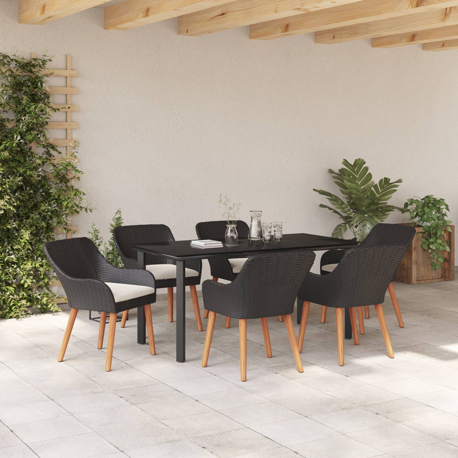 vidaXL 7-teiliges Garten Esstisch Set Schwarzes Poly Rattan