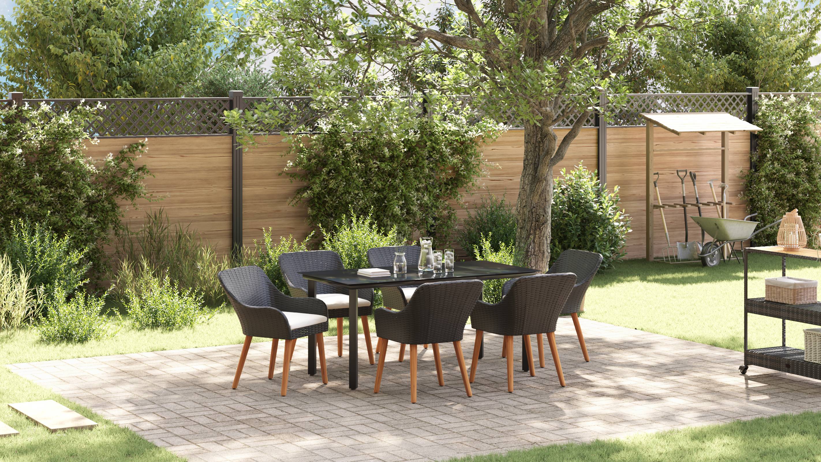vidaXL 7-teiliges Garten Esstisch Set Schwarzes Poly Rattan