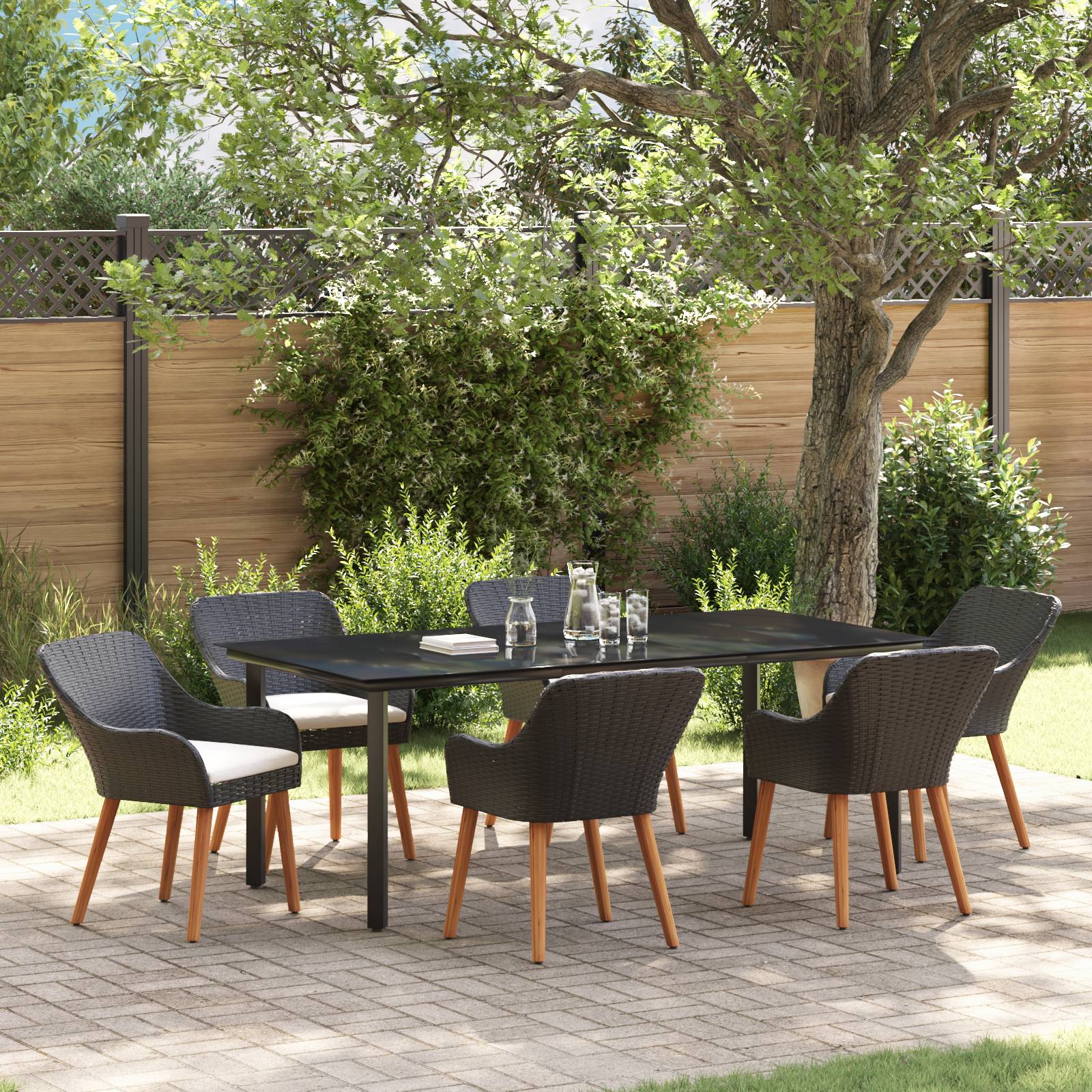 vidaXL 7-teiliges Garten Esstisch Set Schwarz Poly Rattan