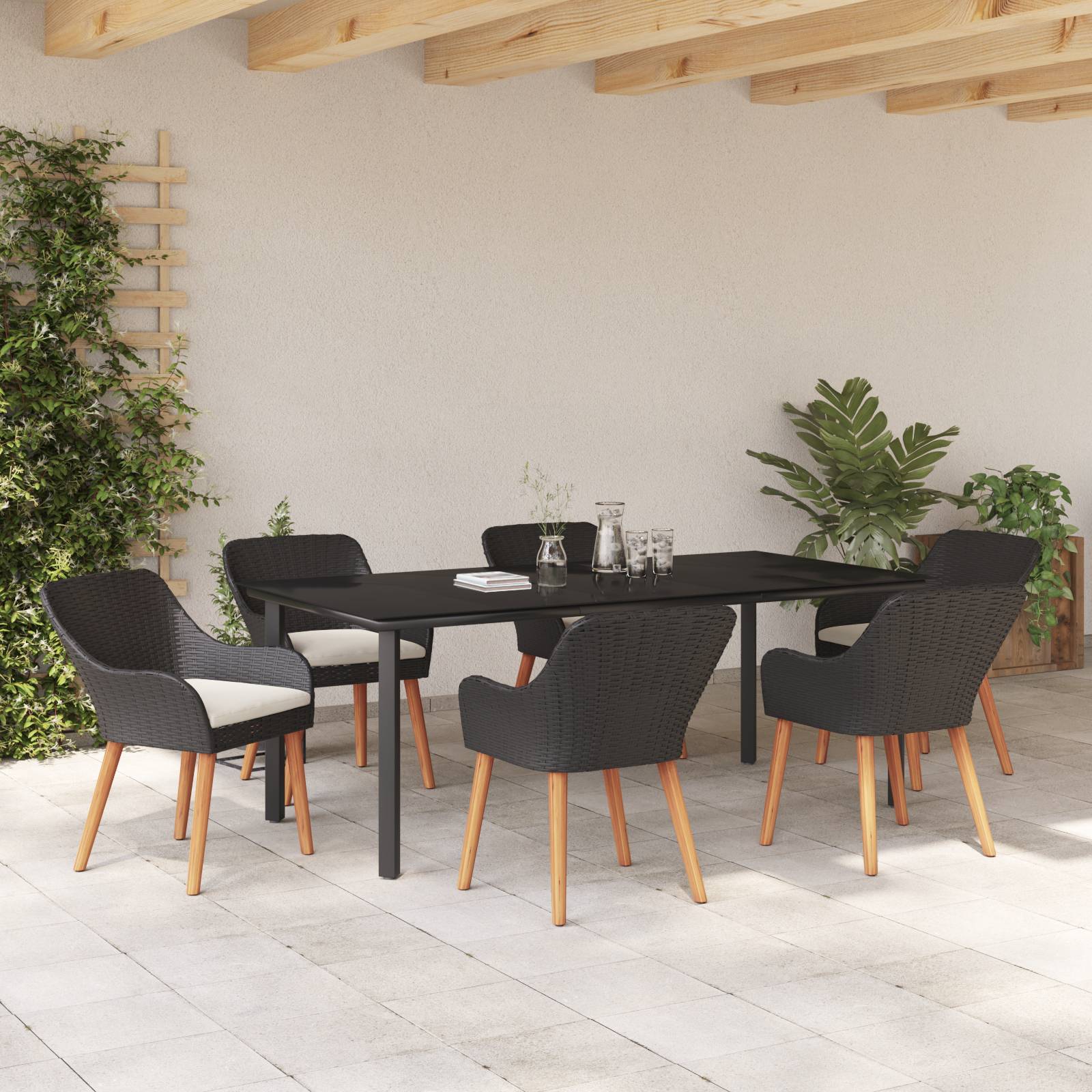 vidaXL 7-teiliges Garten Esstisch Set Schwarz Poly Rattan