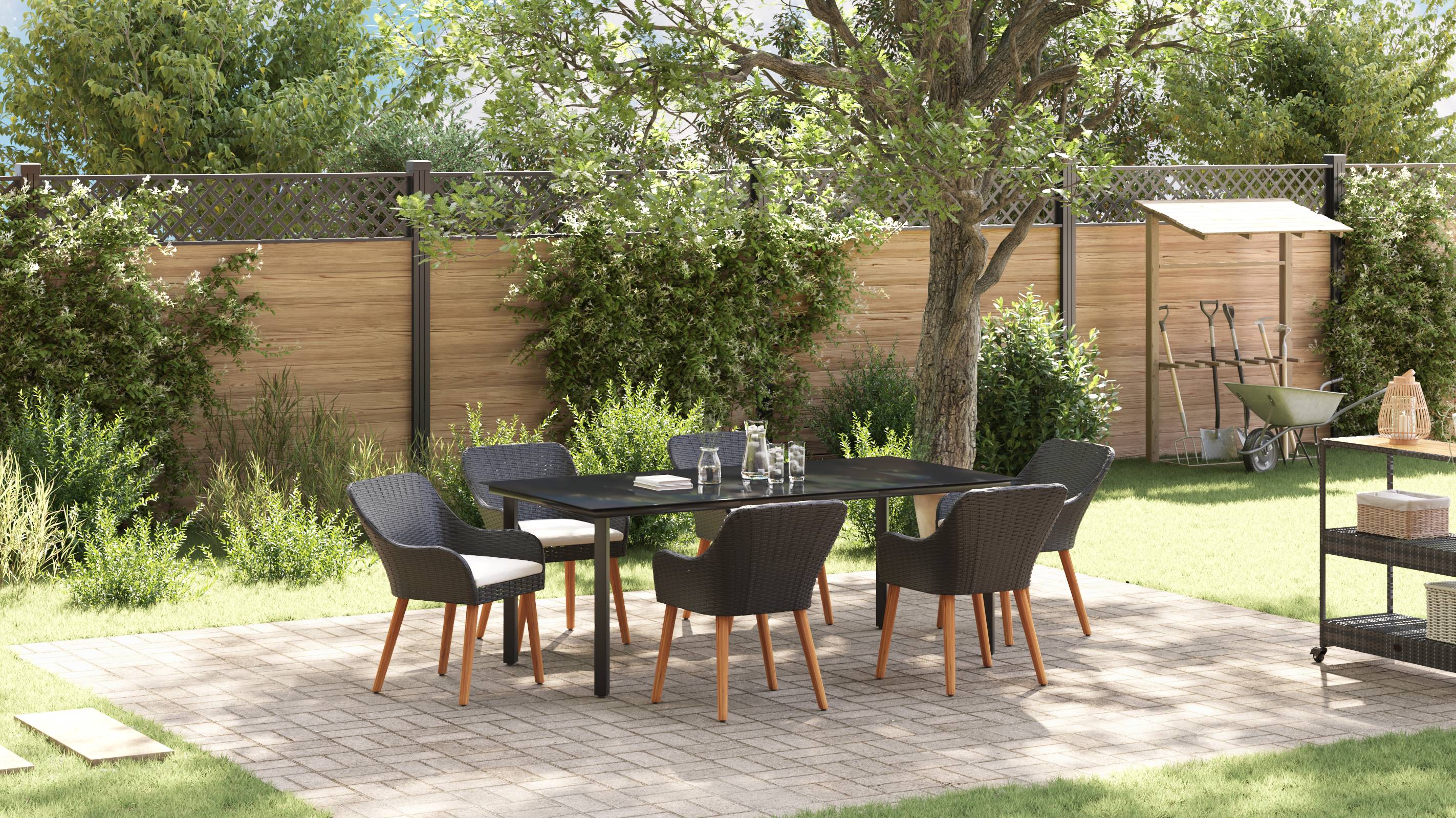 vidaXL 7-teiliges Garten Esstisch Set Schwarz Poly Rattan