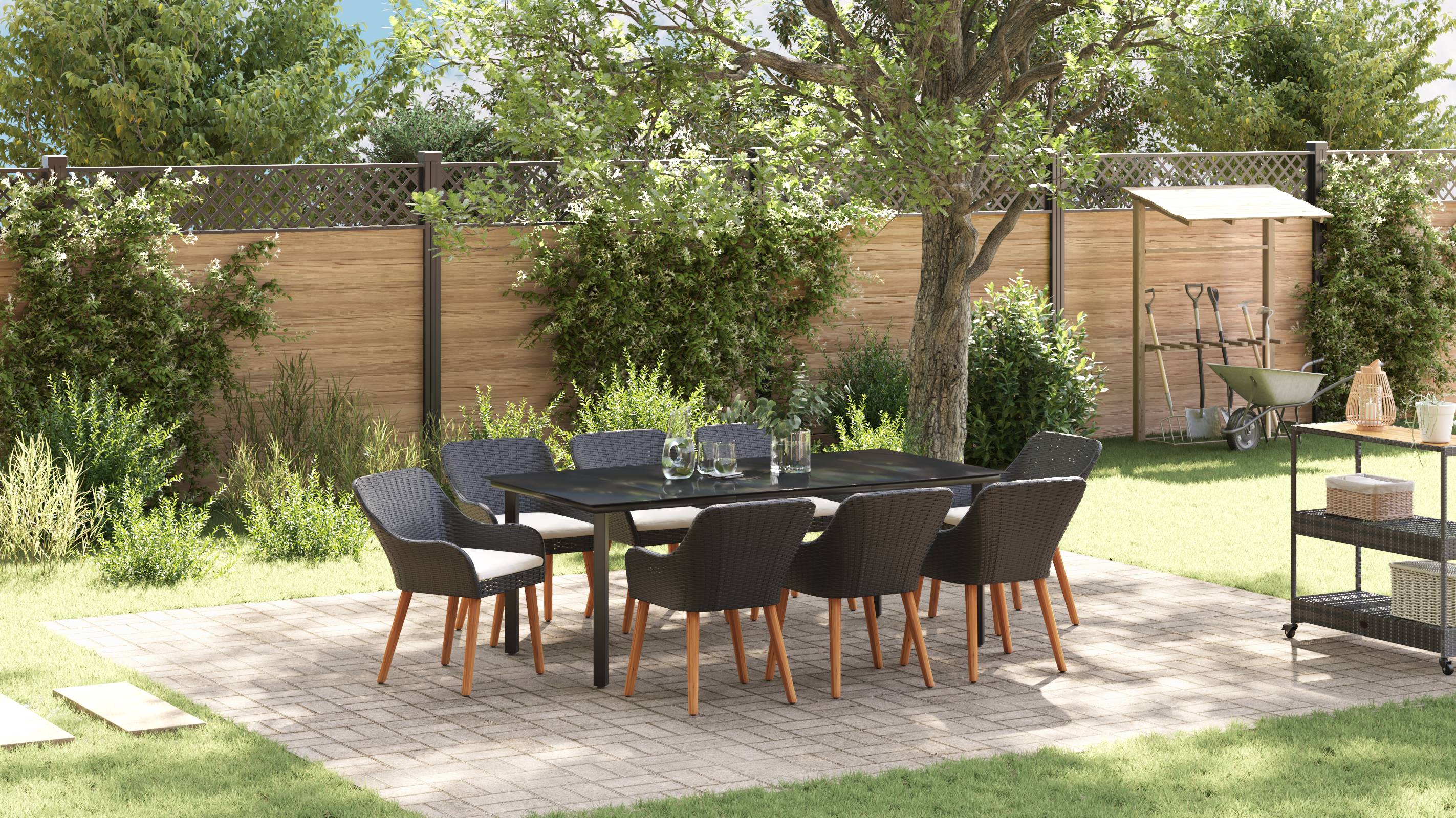 vidaXL 9-teilige Garten Essgruppe Schwarzes Poly Rattan