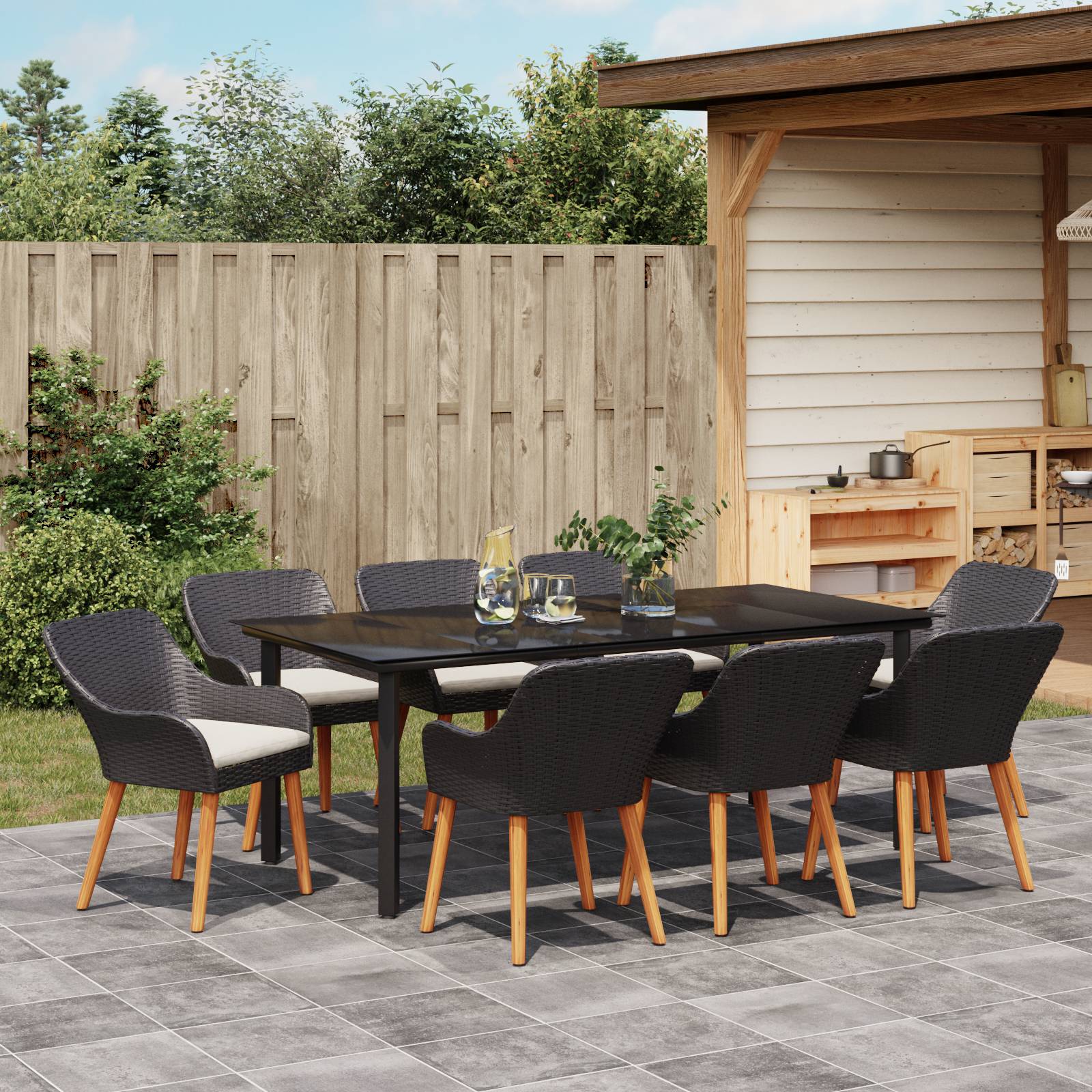 vidaXL 9-teilige Garten Essgruppe Schwarzes Poly Rattan