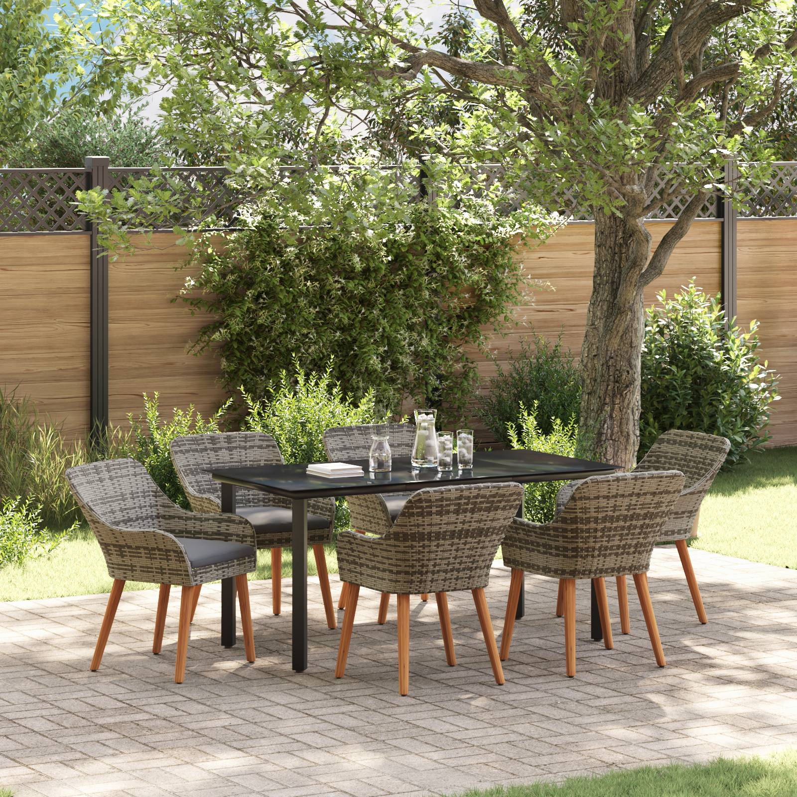 vidaXL 7-teiliges Garten-Esstisch-Set Graues Poly Rattan