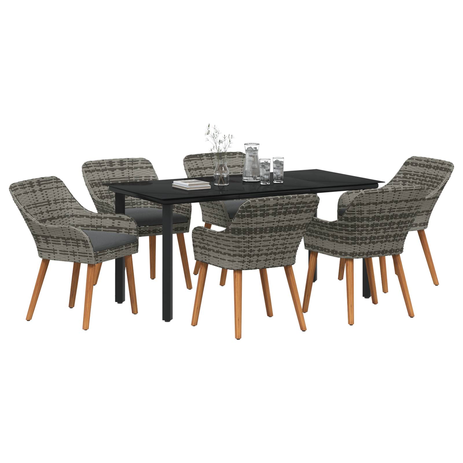 vidaXL 7-teiliges Garten-Esstisch-Set Graues Poly Rattan
