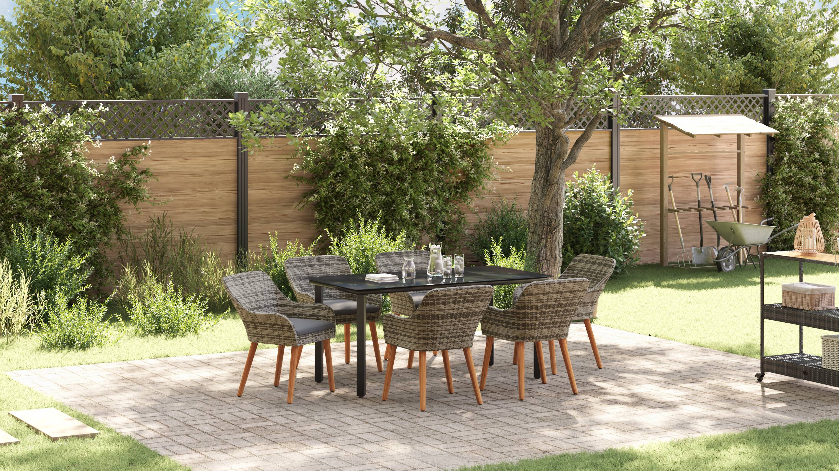 vidaXL 7-teiliges Garten-Esstisch-Set Graues Poly Rattan