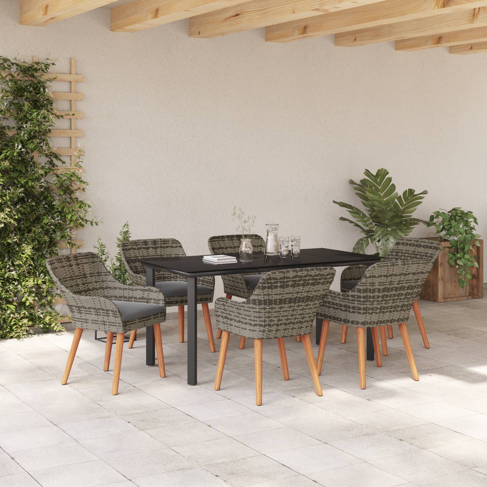 vidaXL 7-teiliges Garten-Esstisch-Set Graues Poly Rattan