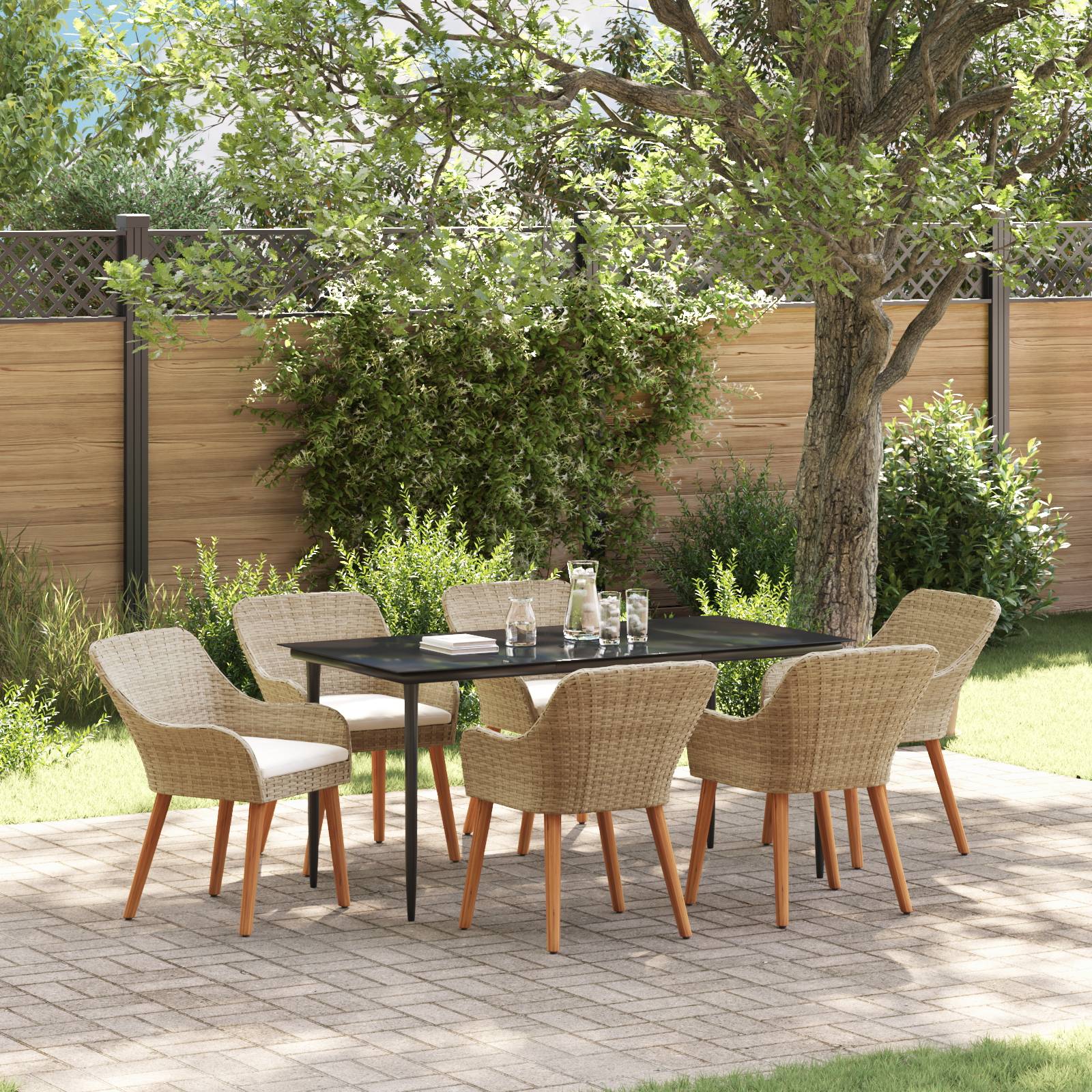 vidaXL 7-teiliges Garten Esstisch Set Beige Poly Rattan